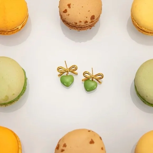 18k Gold Plated Bowknot Green Heart Drip Oil Earrings - Picture 4 of 8